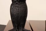 Vintage Cast Iron Perched Owl Andirons with Blue Green Glass Eyes - Image 16