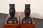 Vintage Cast Iron Perched Owl Andirons with Blue Green Glass Eyes - Image 3