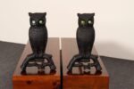 Vintage Cast Iron Perched Owl Andirons with Blue Green Glass Eyes - Image 3