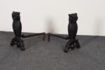 Vintage Cast Iron Perched Owl Andirons with Blue Green Glass Eyes - Image 8
