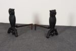 Vintage Cast Iron Perched Owl Andirons with Blue Green Glass Eyes - Image 8