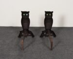 Vintage Cast Iron Perched Owl Andirons with Blue Green Glass Eyes - Image 9