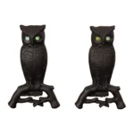 Vintage Cast Iron Perched Owl Andirons with Blue Green Glass Eyes