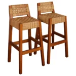 Pair of Vintage Mexican Modern Pine and Woven Palm Bar Stools by Muebles Austin