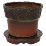 Vintage Crimson Incised Ceramic Planter with Saucer / Stand by Deanna Nichols