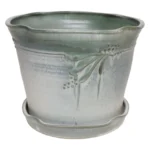 Vintage Green Matte Glaze Botanical Ceramic Planter with Plate by Deanna Nichols