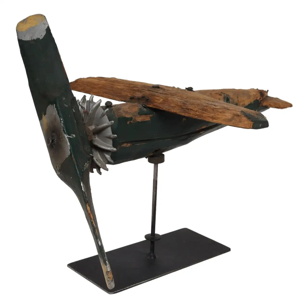 1 Early 20th Century Folk Art Hand-Carved and Painted Wooden Airplane Weathervane - Image 1
