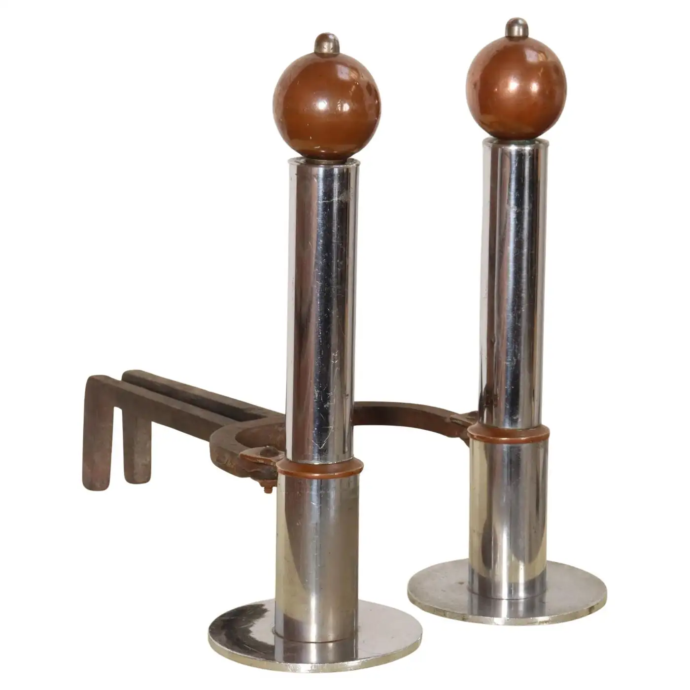 1 Pair of Art Deco Chrome and Copper Column Form Andirons - Image 1