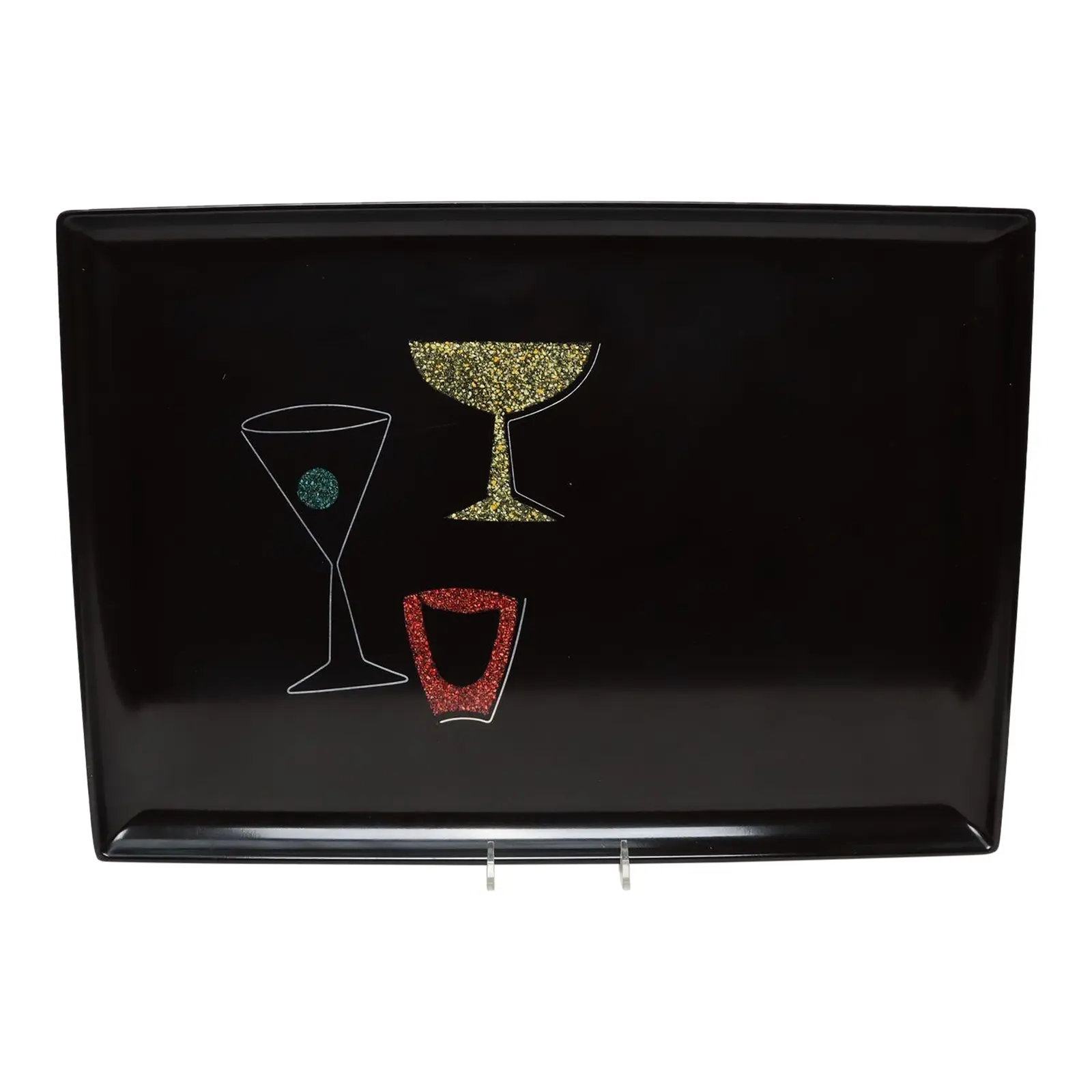1 Large Rectangular Mid-Century Black Resin Coral and Shell Inlaid "Barware" / "Martini" Drinks Tray by Couroc - Image 1
