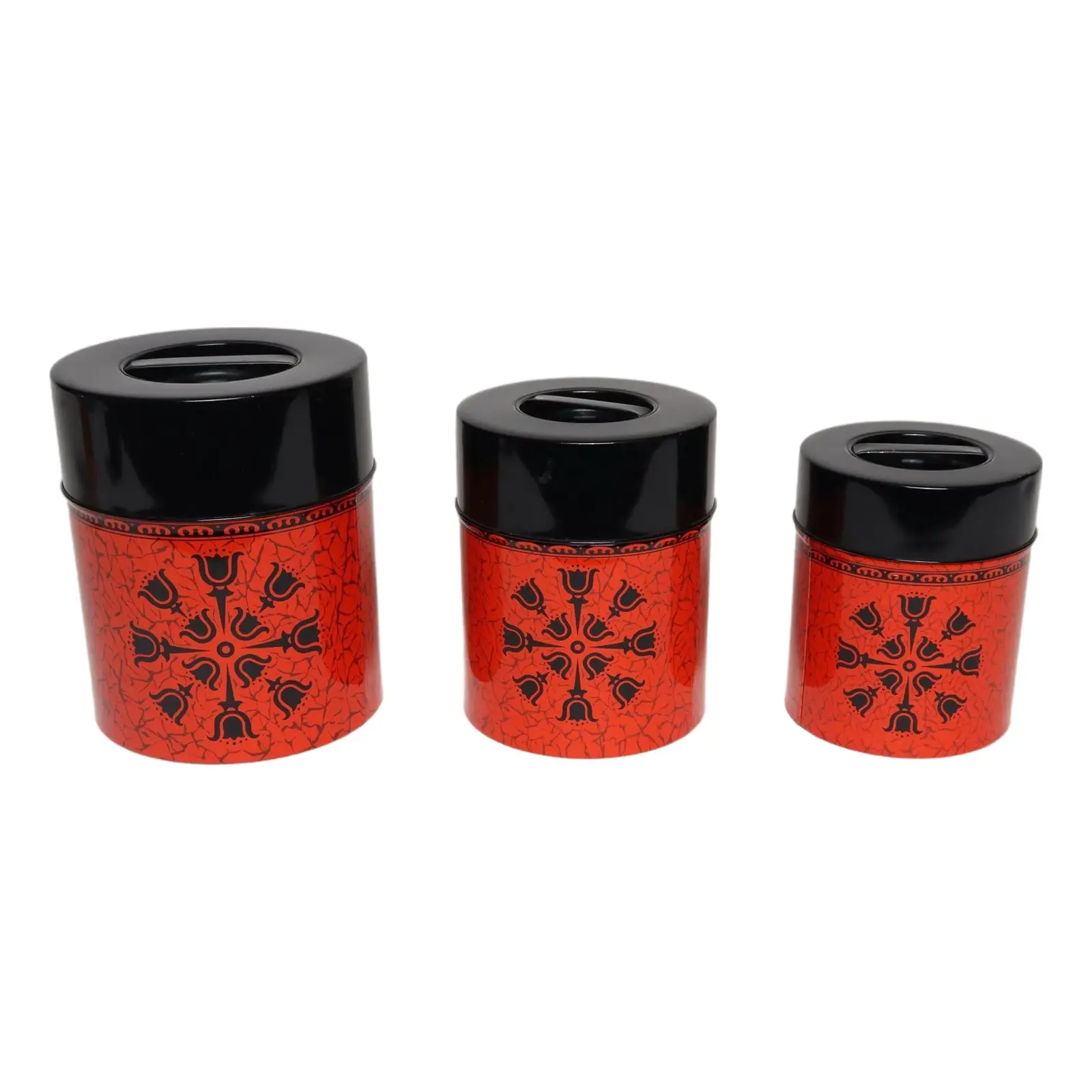 1 Set of Three Japanese Modern Nesting Canisters With Red and Black Floral Decoration - Image 1