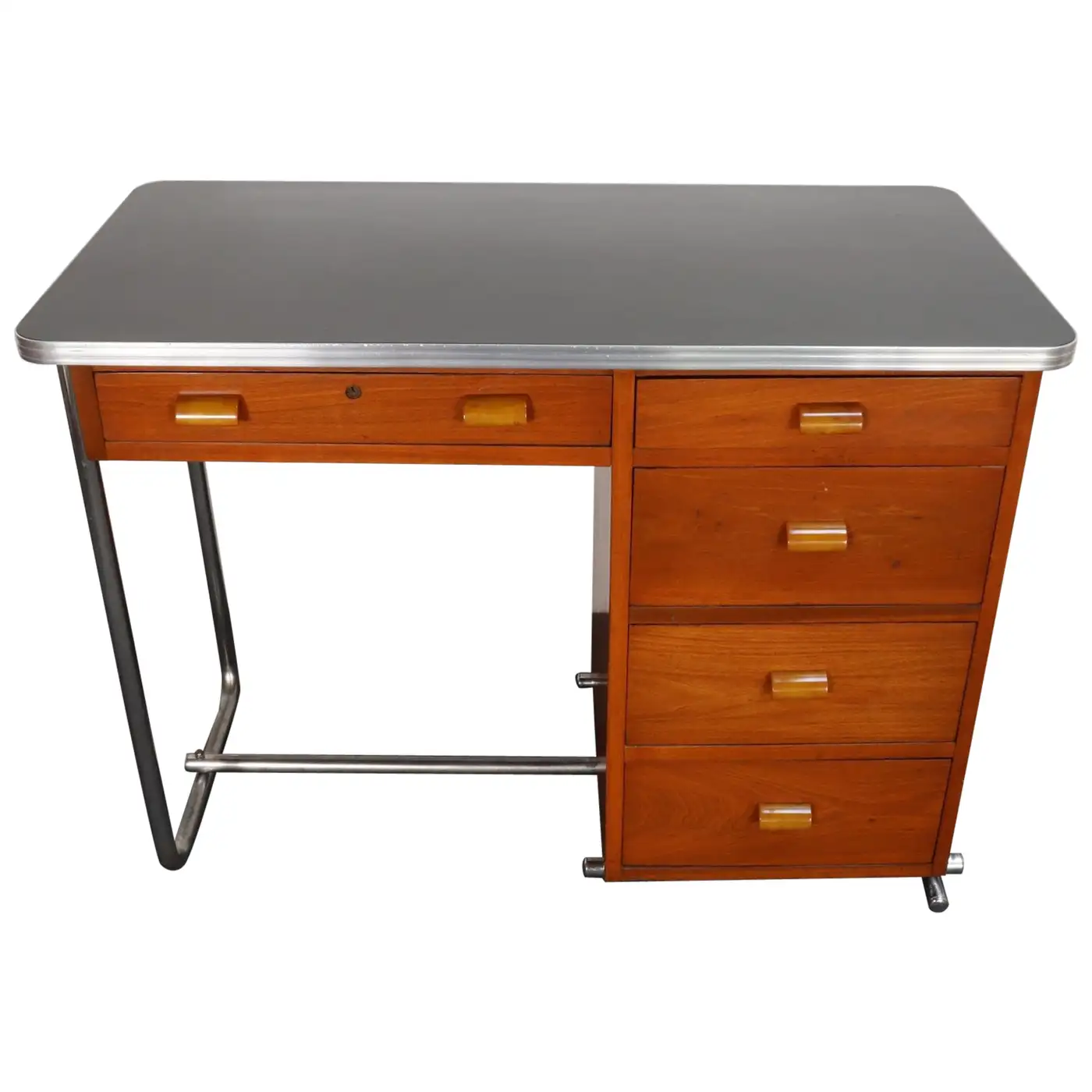 1 Bauhaus Desk in Beech, Black Laminate, and Bakelite with Tubular Steel Base - Image 1