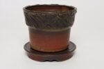 Vintage Crimson Incised Ceramic Planter with Saucer / Stand by Deanna Nichols - Image 3