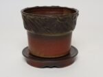 Vintage Crimson Incised Ceramic Planter with Saucer / Stand by Deanna Nichols - Image 4