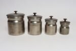 Set of Four Vintage Portuguese Metal and Teak Lidded Graduated Nesting Canisters / Jars by Tagus - Image 2