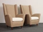 Pair of Italian Modernist High Back Lounge Chairs in Two-Tone Bouclé and Walnut - Image 4