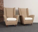 Pair of Italian Modernist High Back Lounge Chairs in Two-Tone Bouclé and Walnut - Image 11