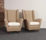 Pair of Italian Modernist High Back Lounge Chairs in Two-Tone Bouclé and Walnut - Image 11