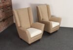 Pair of Italian Modernist High Back Lounge Chairs in Two-Tone Bouclé and Walnut - Image 5