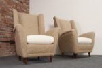 Pair of Italian Modernist High Back Lounge Chairs in Two-Tone Bouclé and Walnut - Image 6