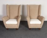Pair of Italian Modernist High Back Lounge Chairs in Two-Tone Bouclé and Walnut - Image 2