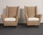Pair of Italian Modernist High Back Lounge Chairs in Two-Tone Bouclé and Walnut - Image 3
