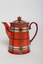 Vintage Czech Bohemian Orange Tartan Plaid Art Pottery Pitcher Teapot by Erphila - Image 2