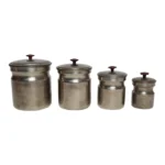 Set of Four Vintage Portuguese Metal and Teak Lidded Graduated Nesting Canisters / Jars by Tagus