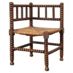 Diminutive Antique French 19th Century Bobbin Corner Chair with Rush Seat