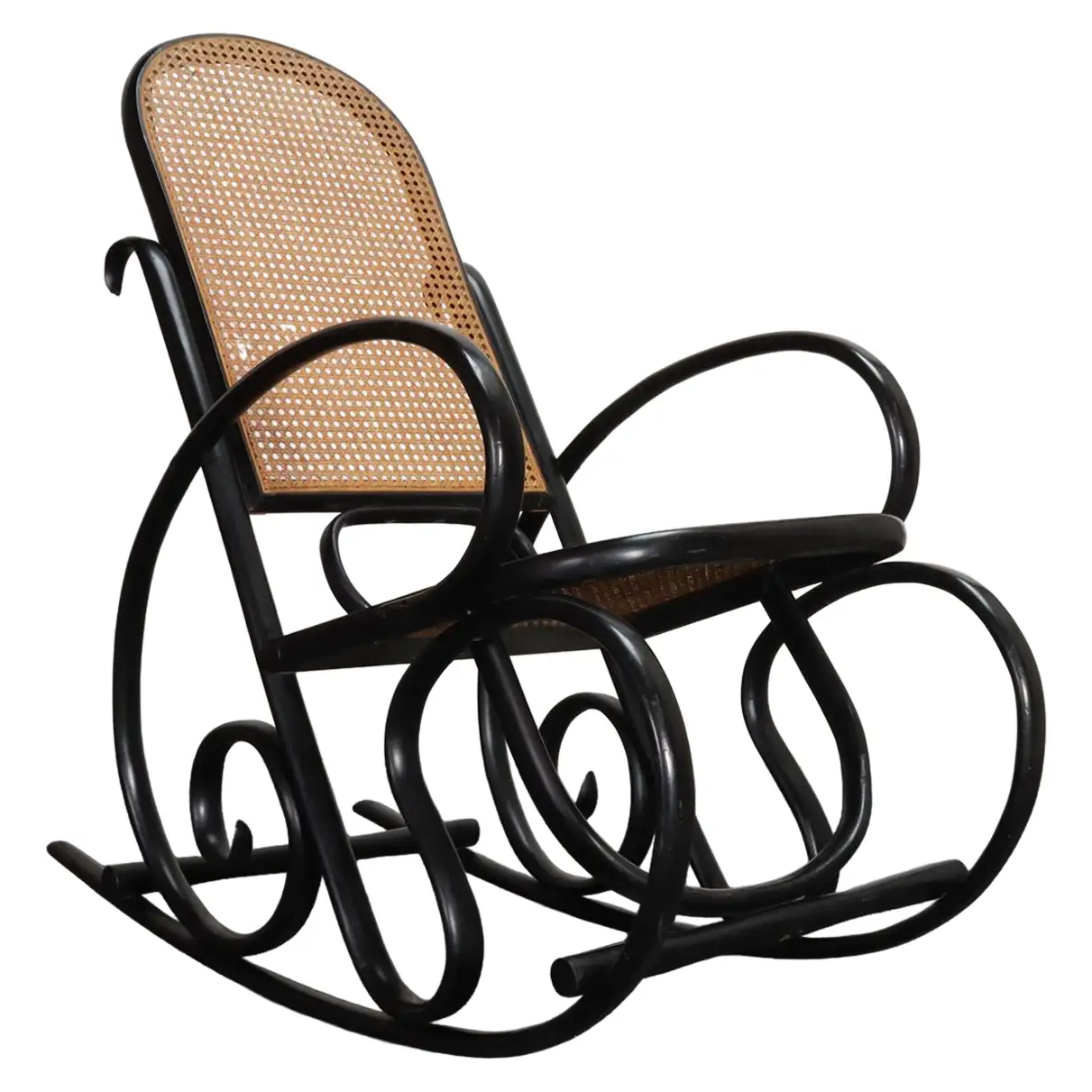 1 Vintage Thonet Ebonized Bentwood and Rattan Rocking Chair - Image 1