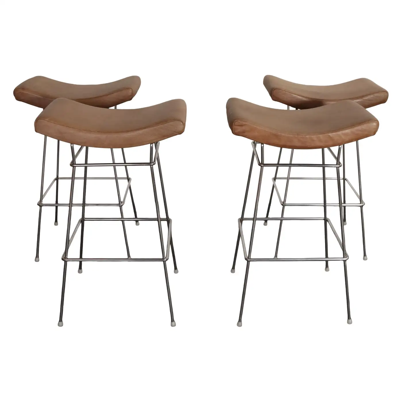 1 Set of Four Brazilian Leather and Stainless Steel Bar Stools by Fernando Jaeger - Image 1