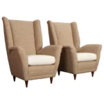 Pair of Italian Modernist High Back Lounge Chairs in Two-Tone Bouclé and Walnut