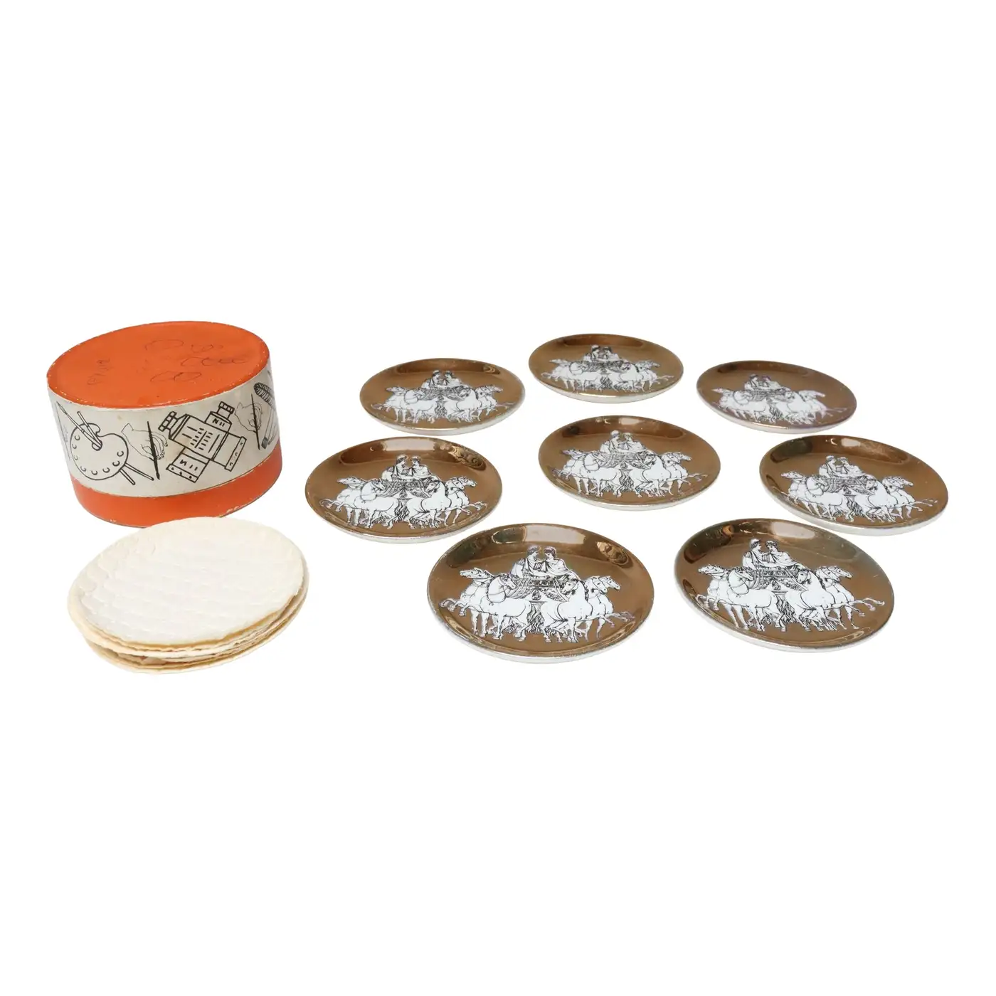 1 Set of Eight Vintage Gilded Roman Chariot Coasters by Piero Fornasetti with Box - Image 1