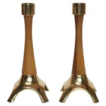 Pair of Sculptural Vintage Austrian Brass and Walnut Candlesticks