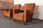 Pair of French Art Deco Leather Angled Back Club Chairs with Nailhead Decoration - Image 3