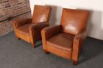 Pair of French Art Deco Leather Angled Back Club Chairs with Nailhead Decoration - Image 4