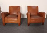Pair of French Art Deco Leather Angled Back Club Chairs with Nailhead Decoration - Image 2