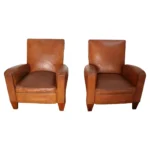 Pair of French Art Deco Leather Angled Back Club Chairs with Nailhead Decoration