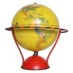 Vintage Replogle Yellow and Red Tin Litho "Globe Grams' Spinning World Globe