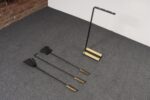 Vintage Modernist Iron and Brass Fireplace Tool Set with Brush, Shovel and Poker - Image 7