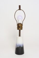 Vintage Atomic Aladdin Matte Blue and White Glazed Ceramic Table Lamp with Shade - Image 6