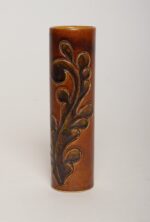 Vintage Studio Pottery Sunburst and Botanical Motif Matte Amber Glazed Vase - Image 2