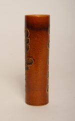 Vintage Studio Pottery Sunburst and Botanical Motif Matte Amber Glazed Vase - Image 3