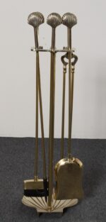 Hollywood-Regency Style Brass Fireplace Tool Set with Seashell Handles and Pan - Image 5