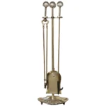 Hollywood-Regency Style Brass Fireplace Tool Set with Seashell Handles and Pan