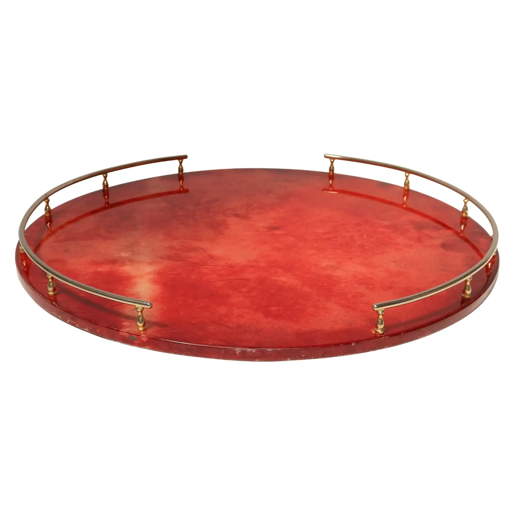 1 Large Italian Modernist Round Tray in Brass and Dyed Red Goatskin by Aldo Tura - Image 1