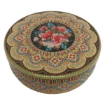 Vintage Dutch Beaded Mosaic Relief Biscuit Tin/Lidded Box with Floral Decoration