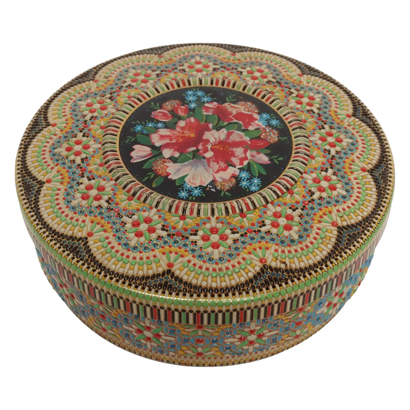 1 Vintage Dutch Beaded Mosaic Relief Biscuit Tin/Lidded Box with Floral Decoration - Image 1