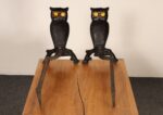 Vintage Cast Iron Owl Andirons with Yellow / Amber Blown Glass Eyes - Image 13