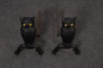 Vintage Cast Iron Owl Andirons with Yellow / Amber Blown Glass Eyes - Image 10