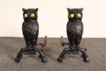 Vintage Cast Iron Owl Andirons with Yellow / Amber Blown Glass Eyes - Image 7